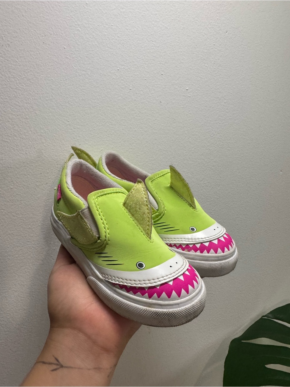 Vans Kids Lime Green and Pink Shark Slip-On Sneakers